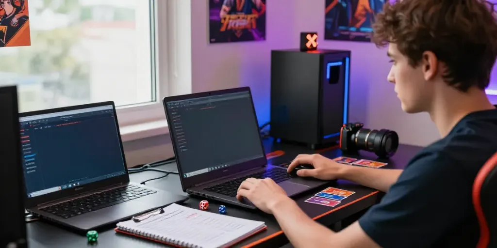 User excitedly engaging in situs togel on a vibrant laptop setup with betting accessories in a colorful gaming room.