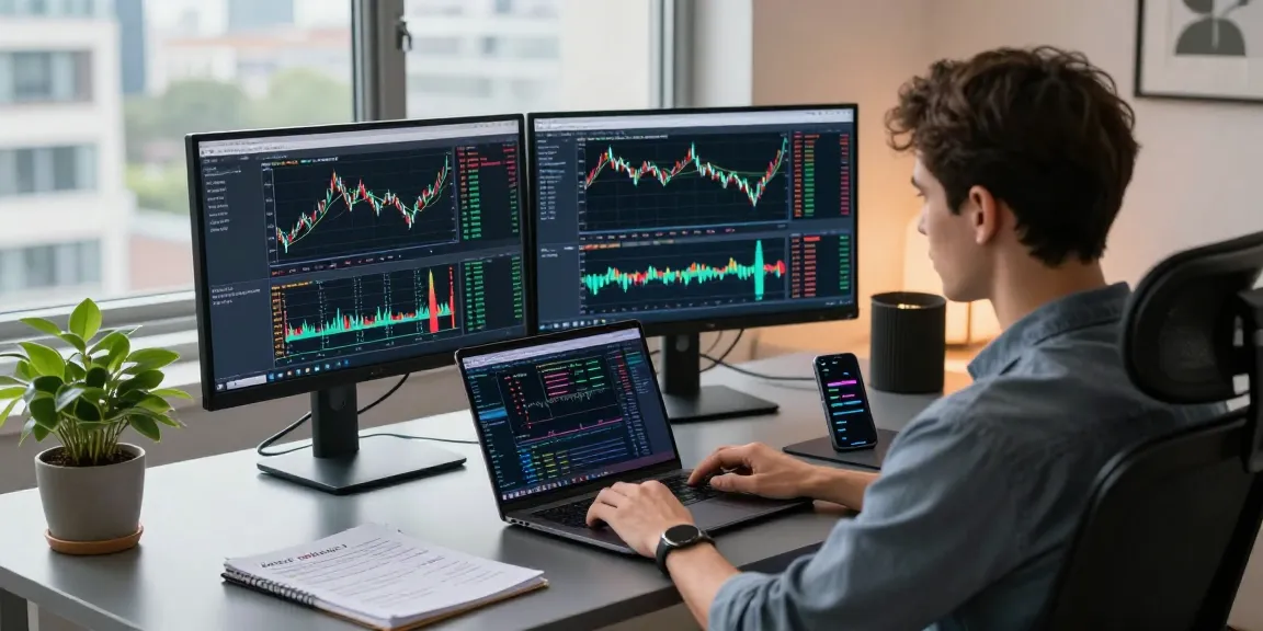 Focused trader utilizing MetaTrader 5 for market analysis and automated trading in a modern workspace