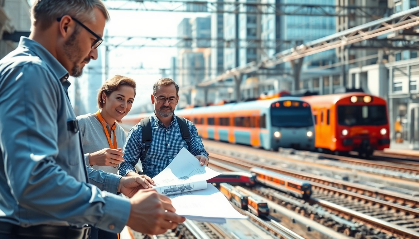 Engineers engaged in railroad engineering collaboration, showcasing teamwork and innovation.
