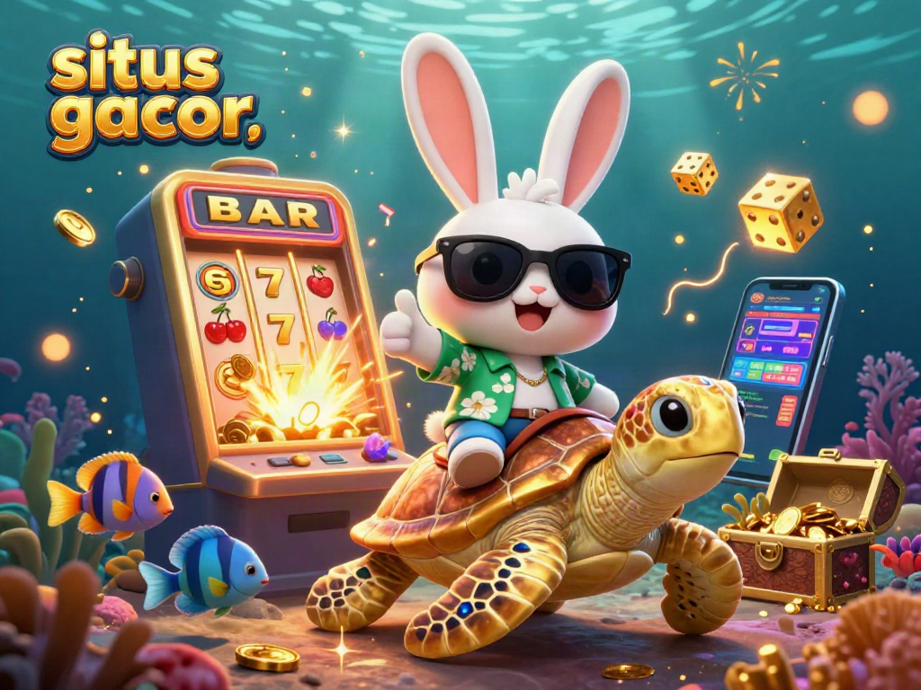 Situs gacor showcases a lucky rabbit and golden turtle in a vibrant 3D casino explosion.