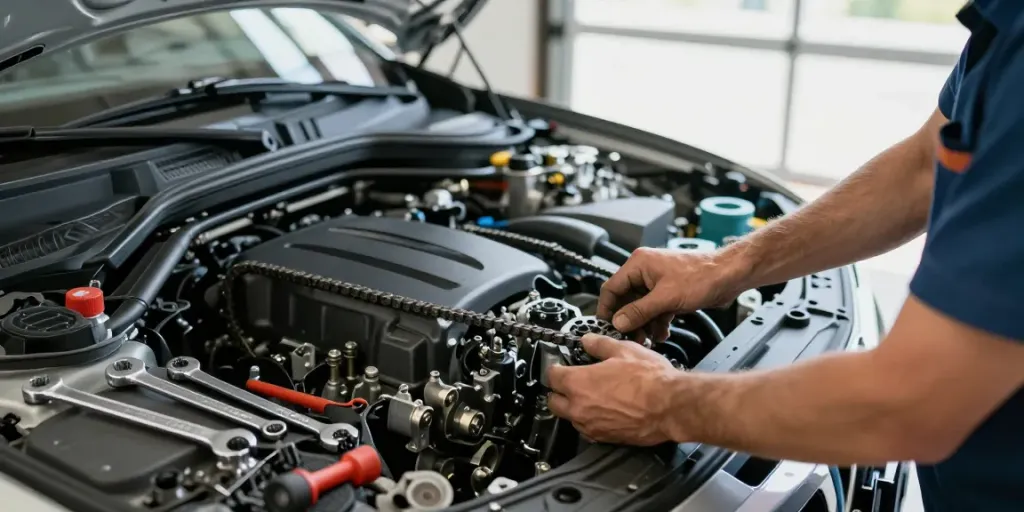 Mechaniker bei der Steuerkette wechseln in Hannover mit professionellem Werkzeug und Motoransicht.
