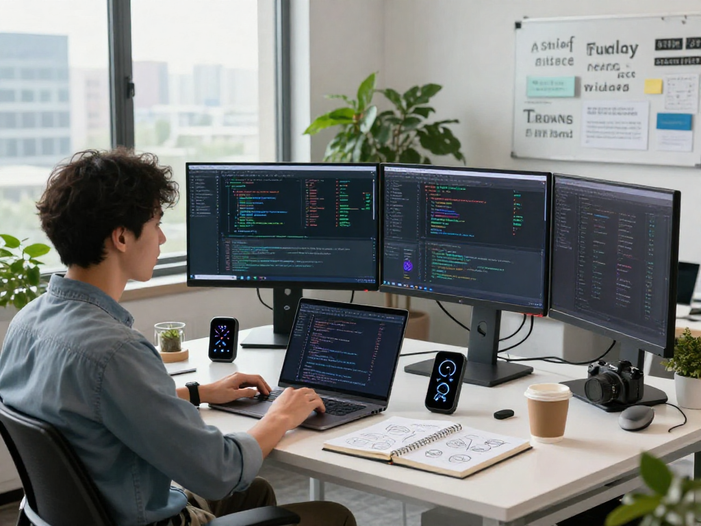 Dynamic AI workspace illustrating a professional's crush on ai with algorithms, data visualizations, and smart gadgets