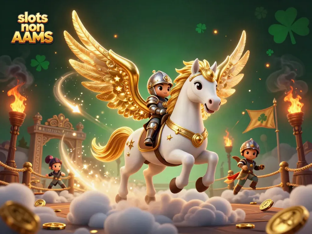 Gioca alle slots non AAMS con l'armato cavaliere su un cavallo celestiale in un ambiente ludico.