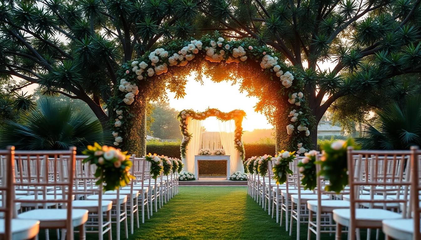 Ceremony at a Jacksonville Wedding Venue showcasing elegant decor with greenery and flowers.