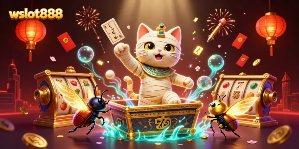 Permainan slot menarik dengan wslot888, mumi kartun muncul dari sarkofagus berkilau.