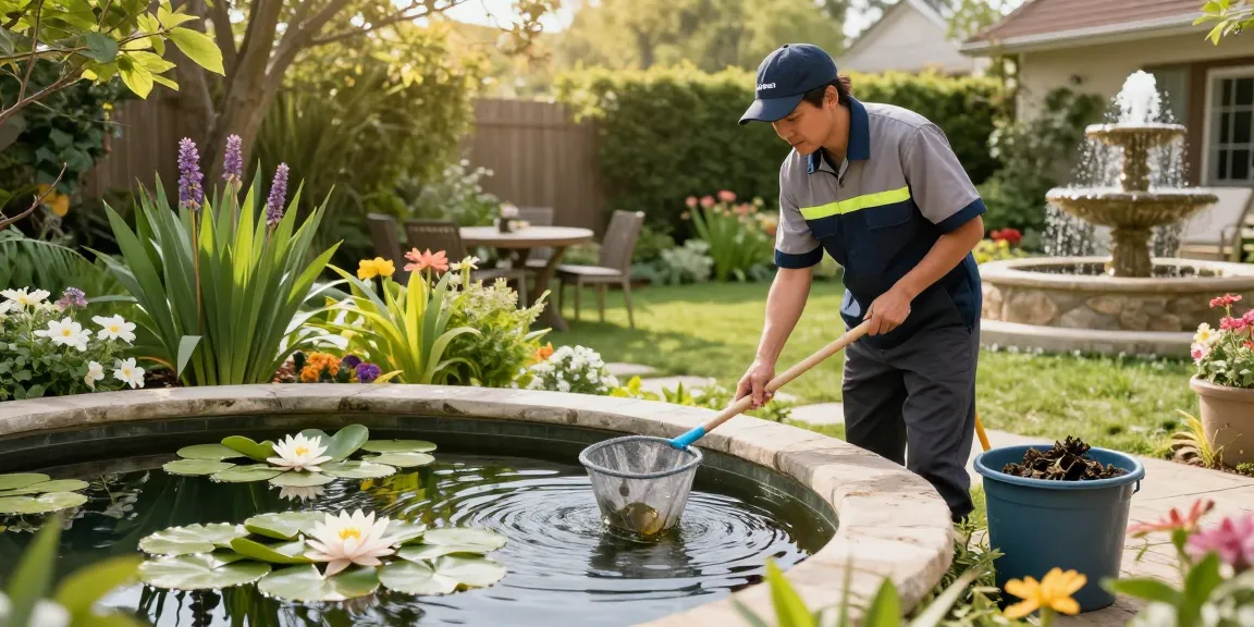 Pond Cleaning London expert maintaining a clear garden pond, showcasing spring beauty and professionalism.