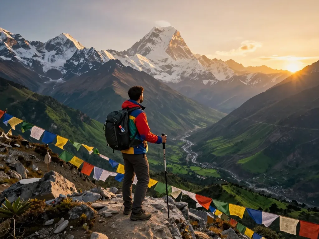 Traveler on the Annapurna Circuit, enjoying scenic mountain views during sunset.