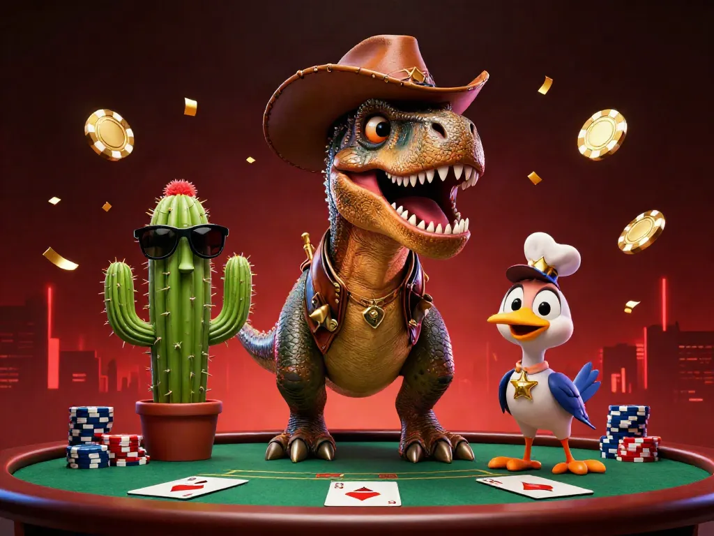 Descubre las casas de poker online España con un dinosaurio T-Rex y un cactus en una mesa de juego.