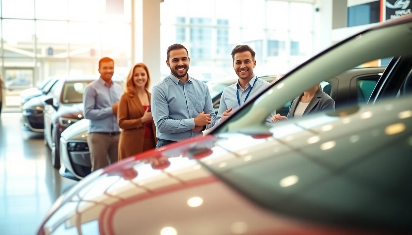 Buy a car in a bright showroom with friendly salespeople and excited buyers exploring vehicles.
