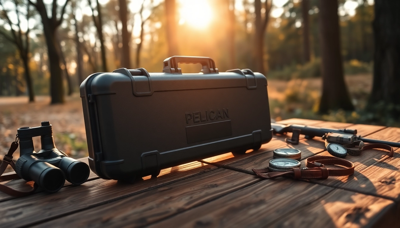 Showcase of pelican rifle case with hunting gear in a sunlit, rustic setting.