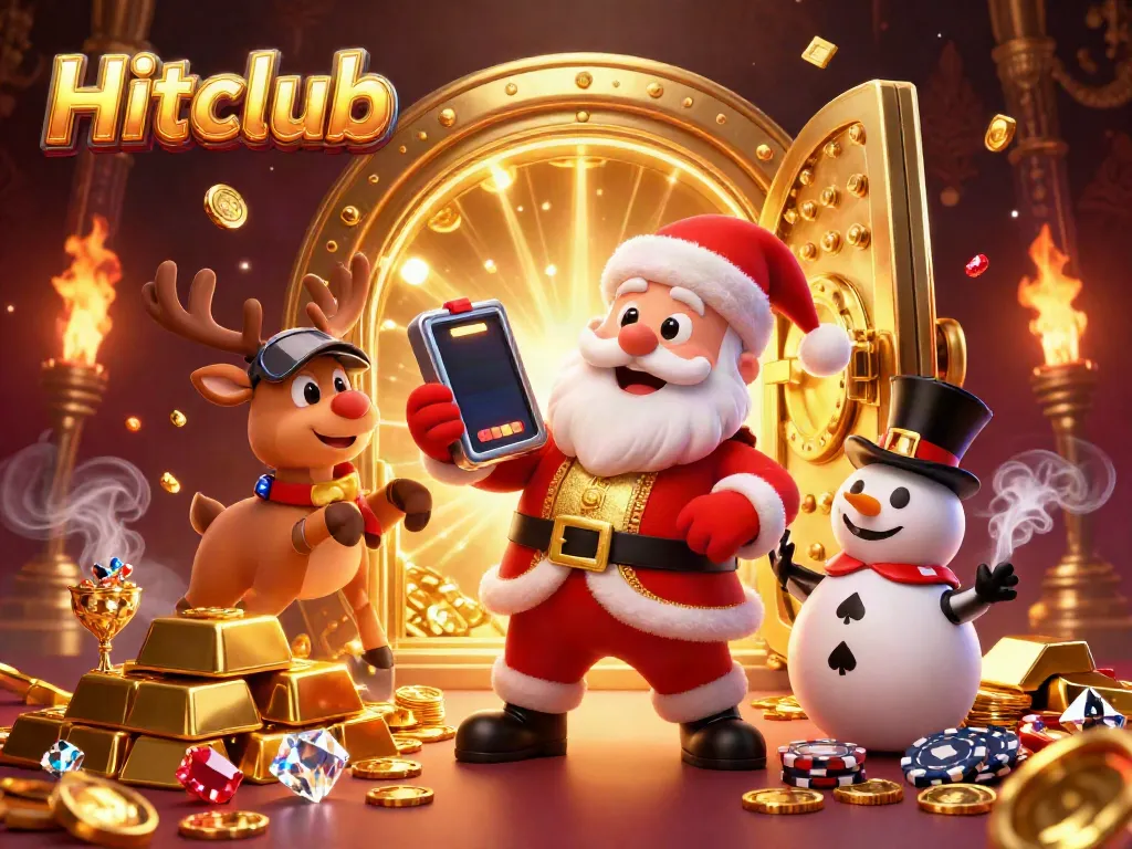 Experience thrilling gameplay at Hitclub with vibrant casino characters amidst a treasure-filled scene.