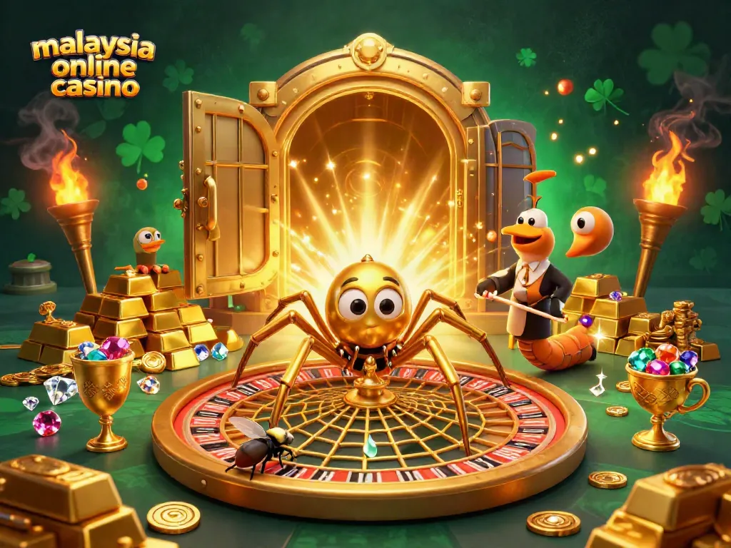 Bet on thrilling games at malaysia online casino with a golden spider and centipede dealer in a captivating 3D scene.