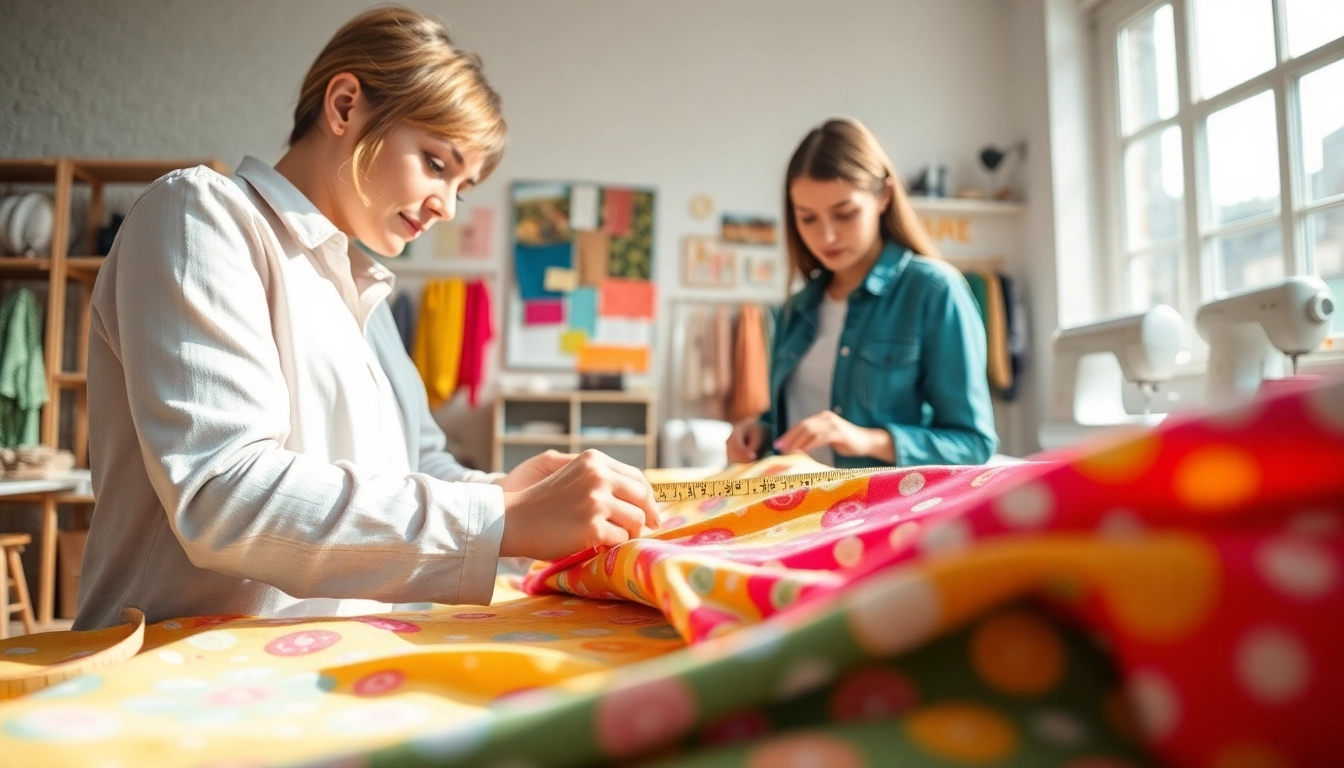 Een designer die kleurrijke stretch stoffen analyseert en meet in een creatieve werkomgeving.
