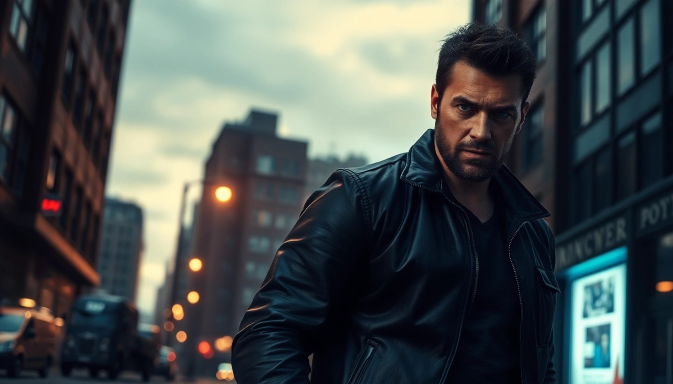 Heroic figure standing tall in an urban landscape, embodying the spirit of Like Jack Reacher.