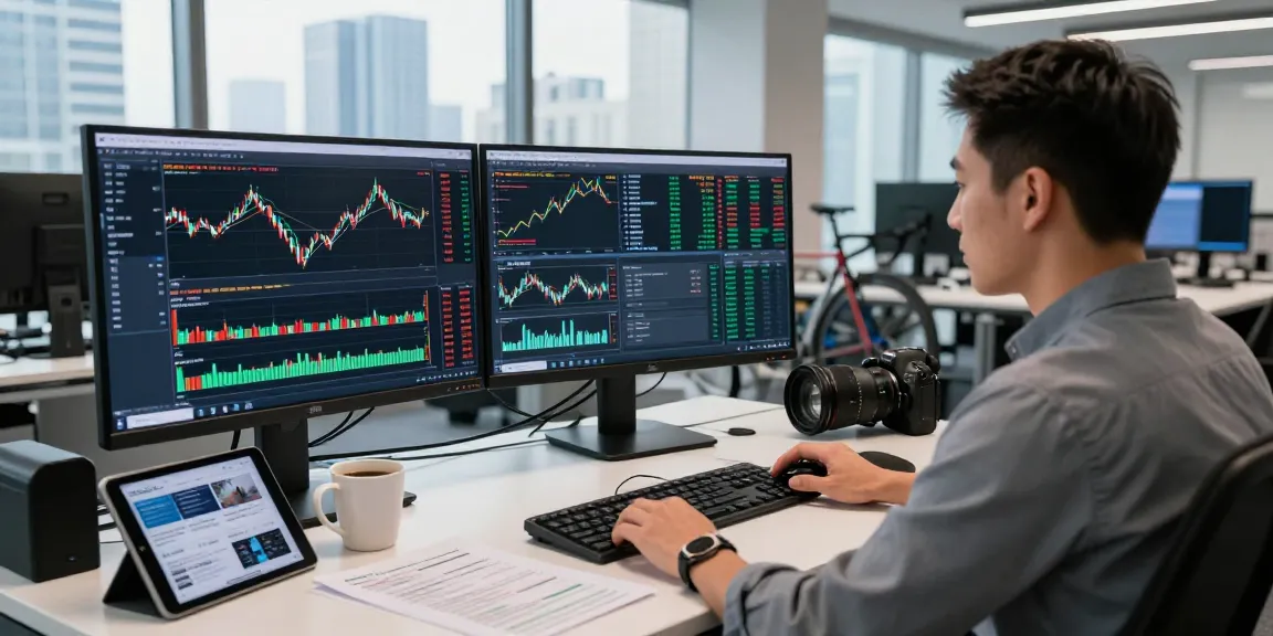 Engaged trader utilizing MetaTrader 5 platform for forex and stock analysis in a modern workspace