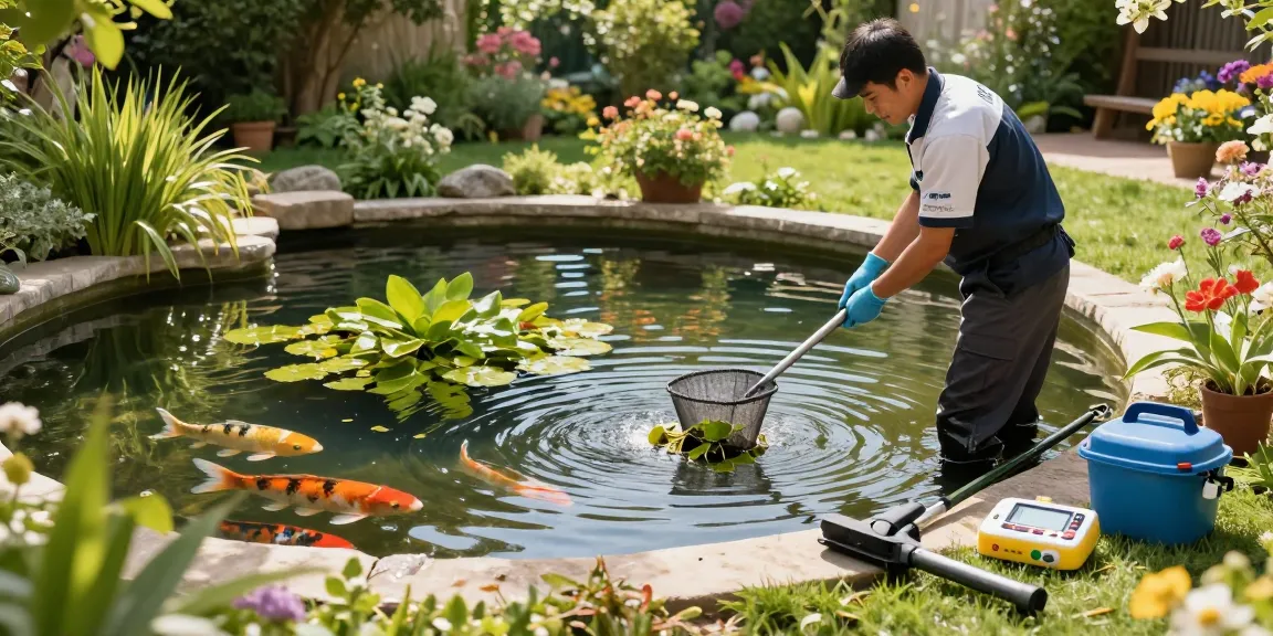 Pond Cleaning Sussex technician cleaning a backyard pond under bright sunshine.
