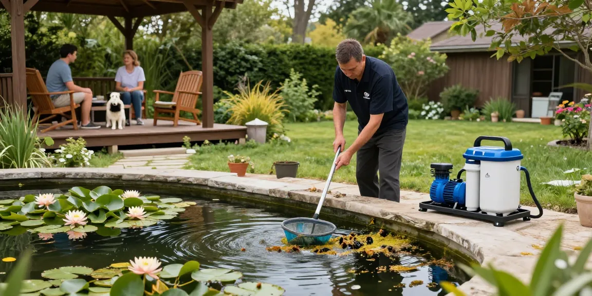 Pond Cleaning Sussex service in action, technician removing algae and debris to restore pond clarity in a picturesque backyard setting.