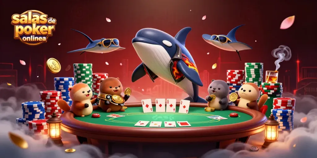 Salas de póker online en España: un emocionante juego con una ballena orca, raya y nutrias nadando.