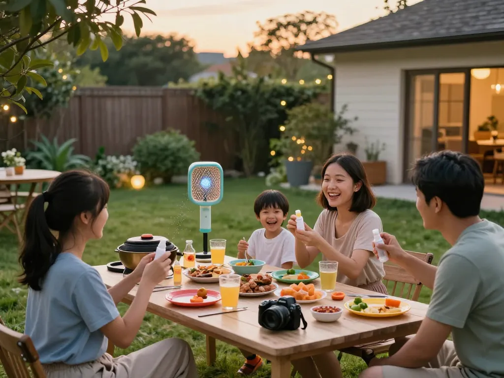 Family enjoying a mosquito-free barbecue while applying mosquito repellent outdoors.