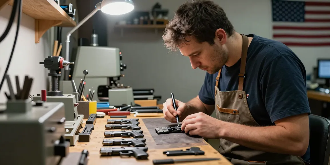 Skilled artisan customizing Glock slides at https://precisionglockslides.com, showcasing precision tools and craftsmanship.