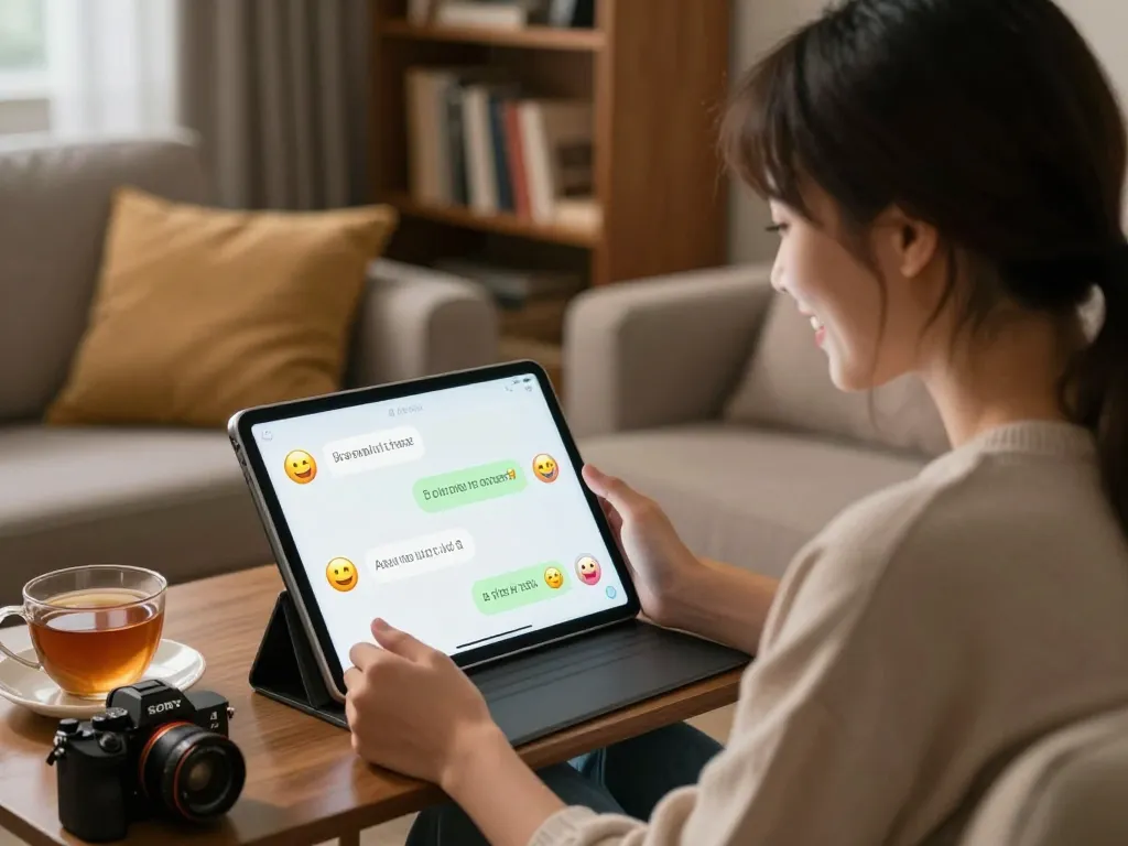User enjoying ai sex chat on a tablet in a cozy home setting with soft lighting and romantic elements.