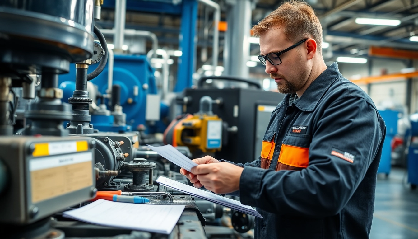 Technician performing hydraulic system maintenance while reviewing a checklist.