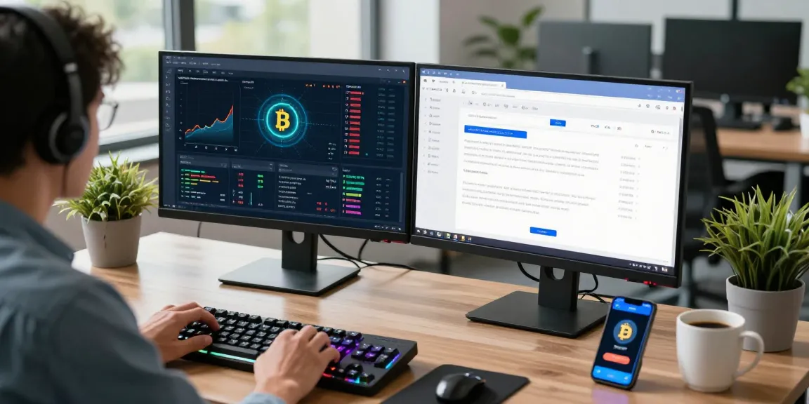 Bitcoin mining contract analysis in professional crypto workspace with screens showing blockchain information, financial charts, and digital wallet.