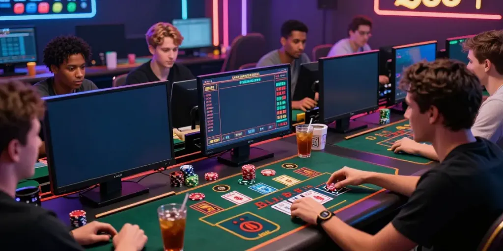 Exciting Du88 online gaming experience with players engaged in live casino games, colorful screens, and gaming elements.