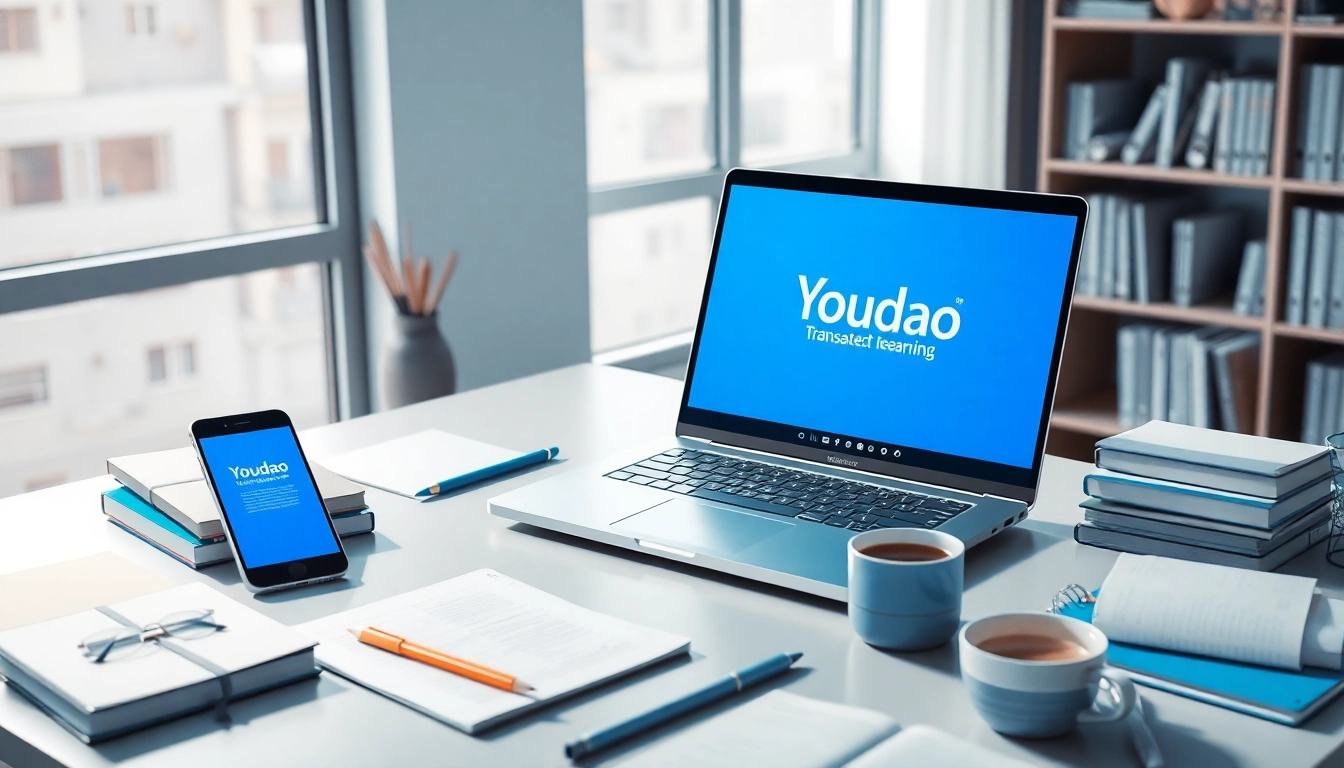 Youdao translation interface on a laptop in a modern workspace with education materials