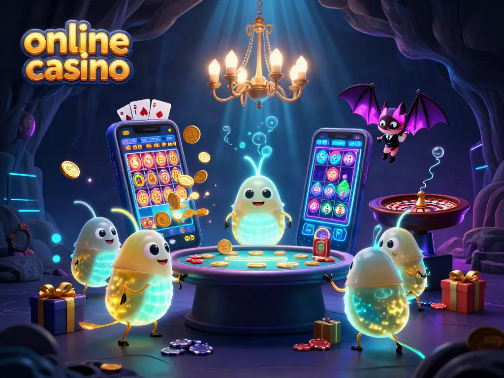 Imagina un casino online iluminado por luciérnagas, con juegos vibrantes y un crupier murciélago.