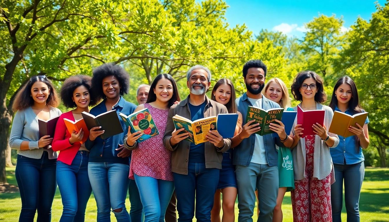 Capture the essence of a Motivational Memoir through a diverse group of readers in a sunny park.
