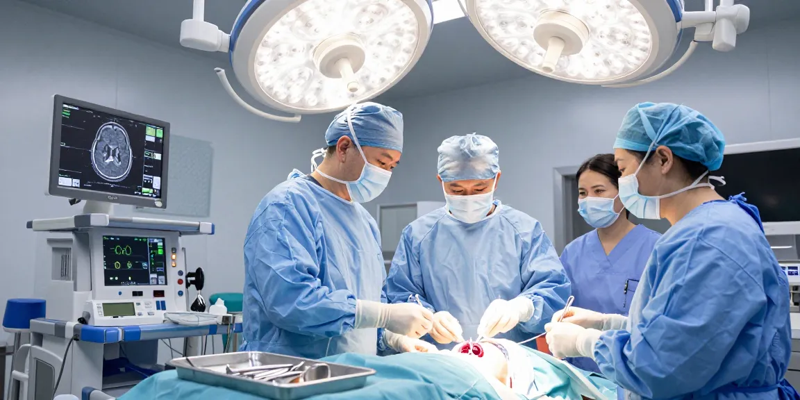 Beyin tümörü ameliyatı being performed by a skilled surgical team in a modern operating room, showcasing advanced technology and teamwork.