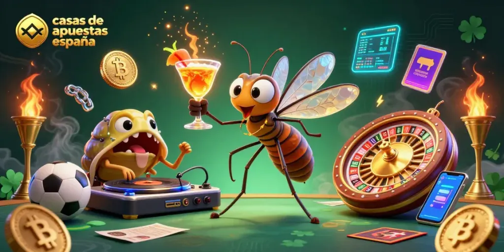 Jugando con casas de apuestas en España, un mosquito 3D como mascota en un entorno vibrante de casino.