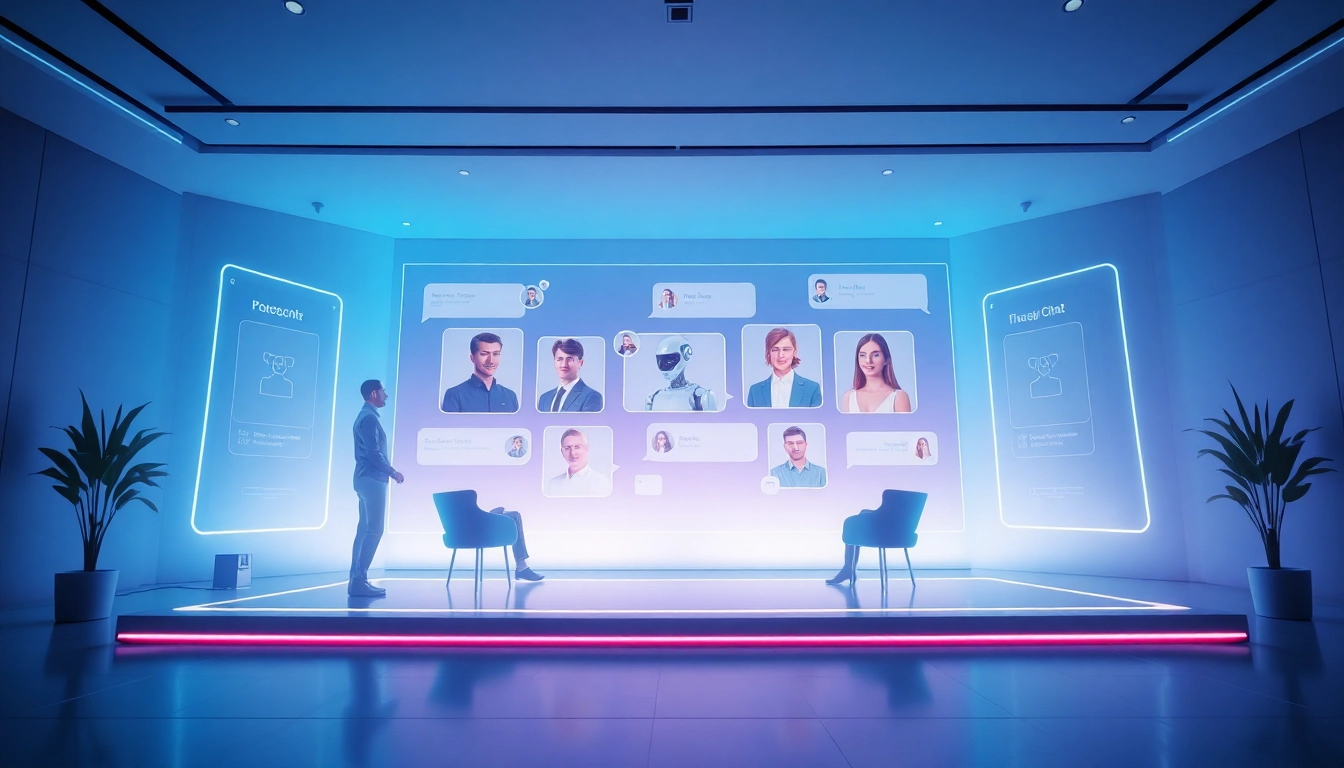 Engaging scene of a digital chat with sex chat AI characters in a modern environment.