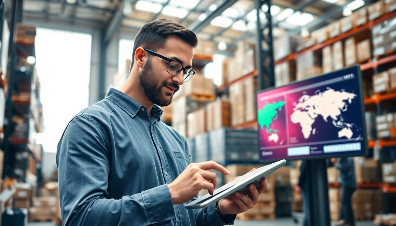 Logistics manager analyzing supply chain data in a busy warehouse environment.