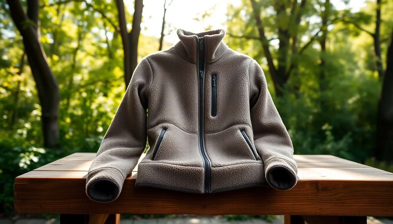 Fleece jas met textuur details en natuurlijke omgeving die comfortabelheid uitstraalt.