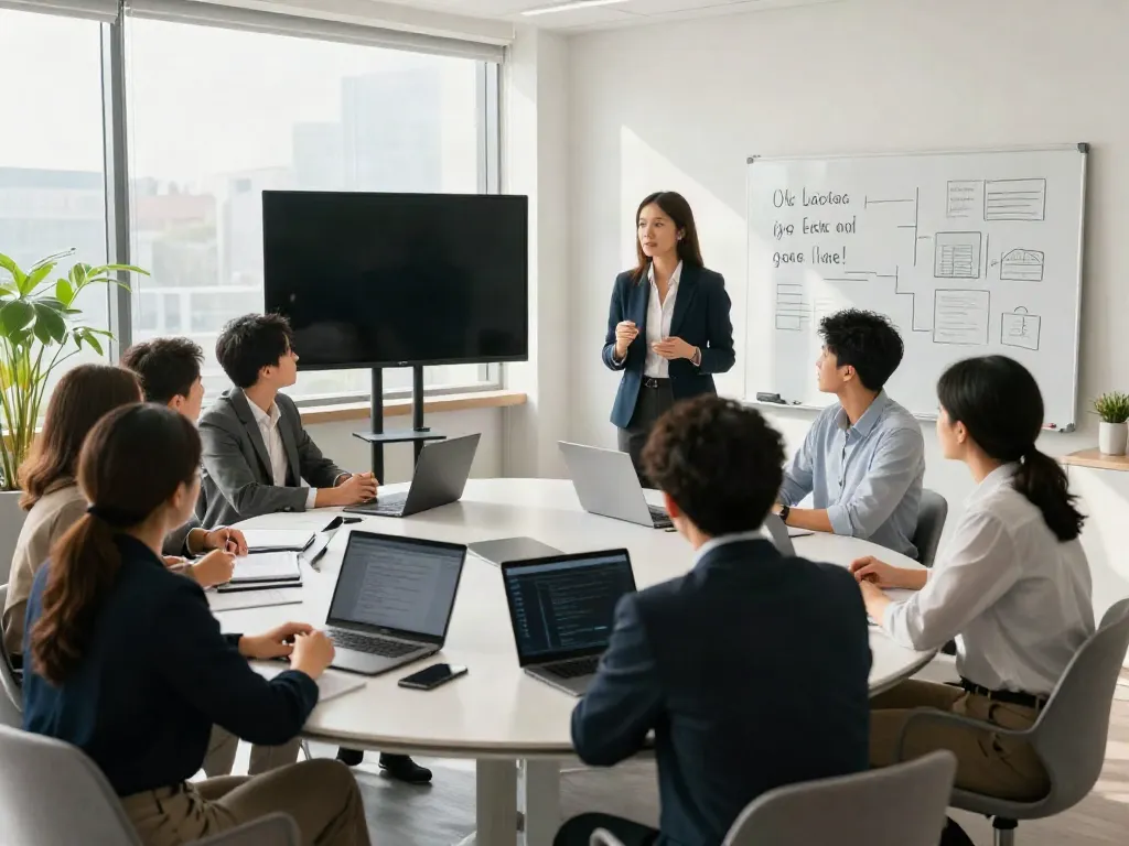 PedroVazPaulo Executive Coaching session with professionals engaged in discussion around a bright conference room table.