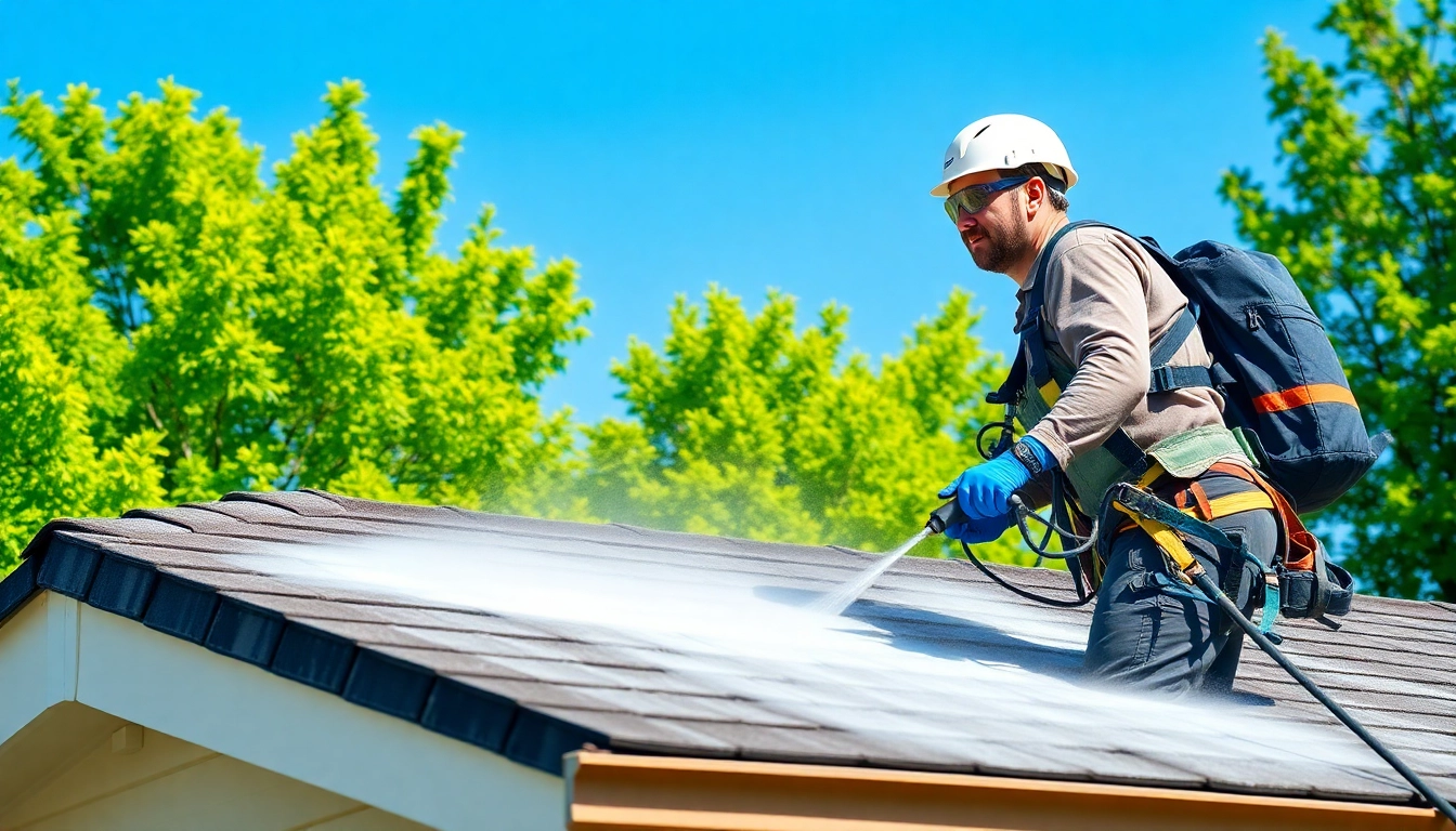 Roof cleaning in Kissimmee featuring a professional technician using eco-safe soft washing.