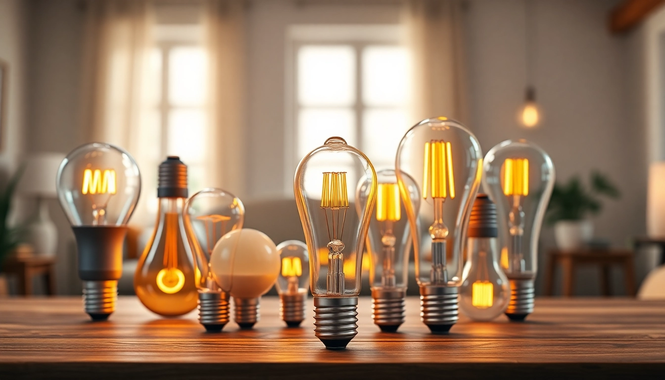 A variety of a19 bulbs showcasing unique designs and warm lighting accents.
