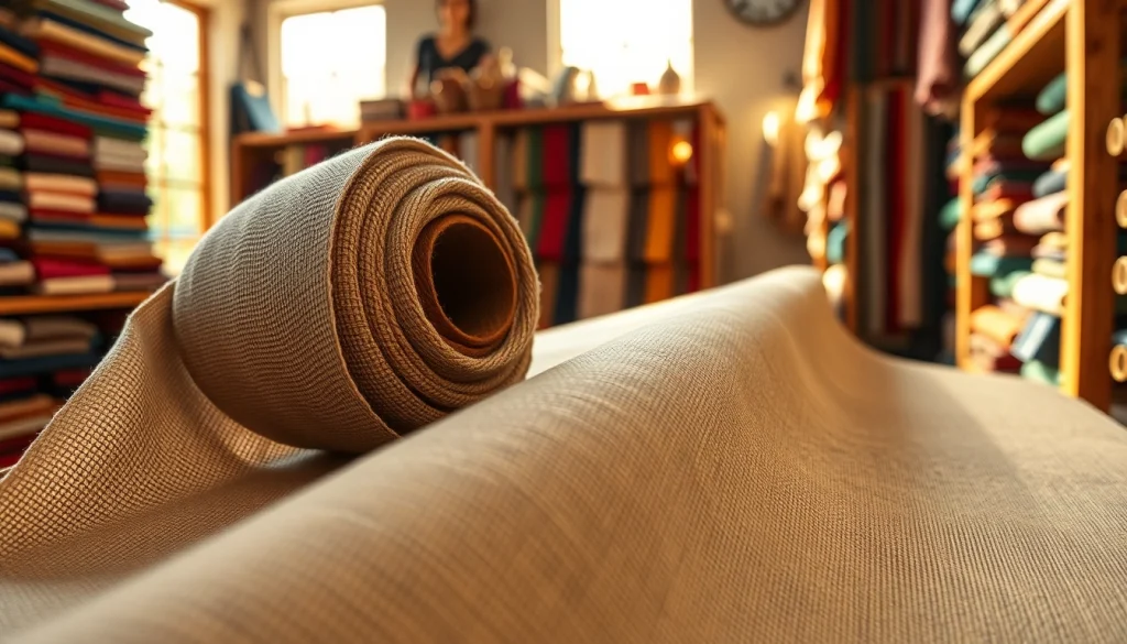 Rol katoen met unieke textuur en kleuren in een artisanale stoffenwinkel.