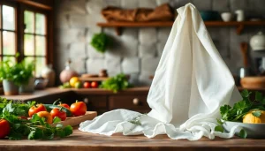 Kaasdoek in een rustieke keuken, draperend over een houten aanrecht met verse ingrediënten.