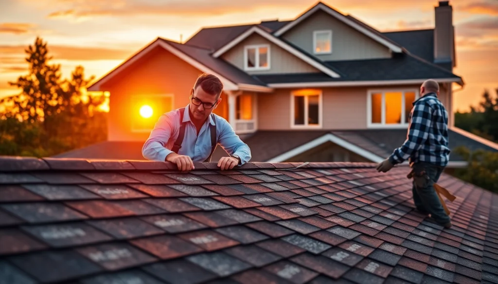 Team providing professional roofing services on a residential property, showcasing expertise and collaboration.