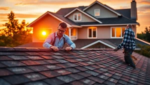 Team providing professional roofing services on a residential property, showcasing expertise and collaboration.