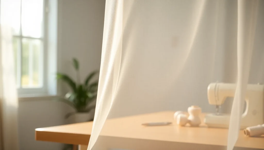 Mousseline stof met delicate texturen mooi gepresenteerd in een creatieve naaiomgeving.