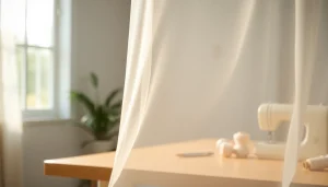 Mousseline stof met delicate texturen mooi gepresenteerd in een creatieve naaiomgeving.