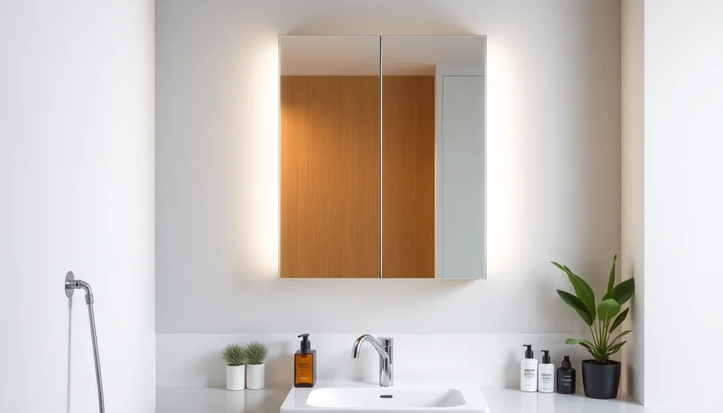 Spiegelschrank led mit modernem Design und stimmungsvollem Licht in einem eleganten Badezimmer.