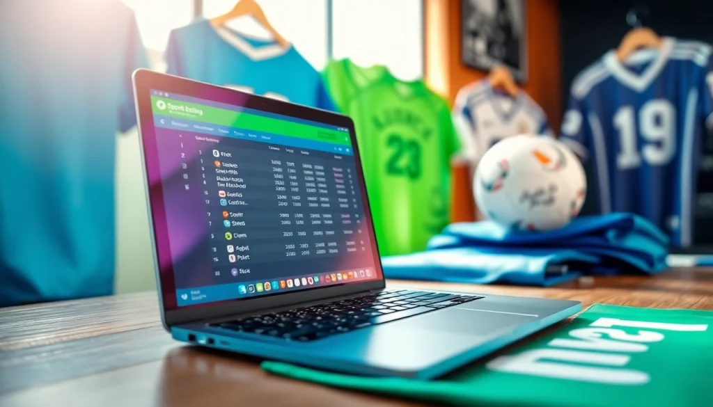 Engaging scene of best sportsbooks in Mexico featuring a laptop with betting odds and sports memorabilia.