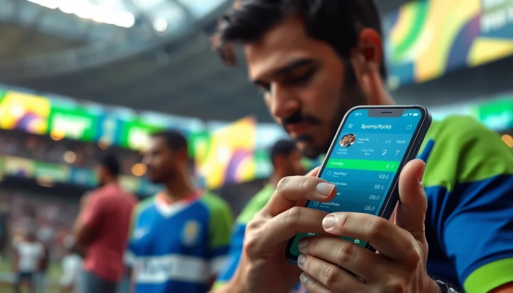 Engaged user exploring online sportsbooks India on a smartphone amidst a lively sports venue.