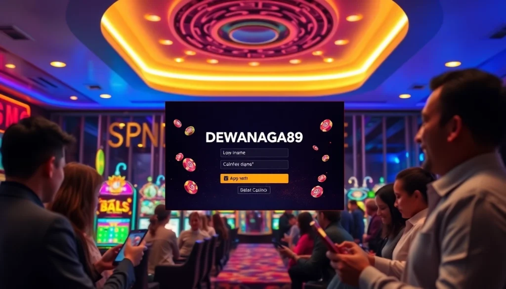 Menyajikan antarmuka login slot DEWANAGA89 dalam suasana kasino online yang semarak.