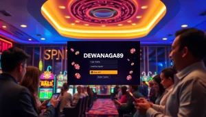 Menyajikan antarmuka login slot DEWANAGA89 dalam suasana kasino online yang semarak.